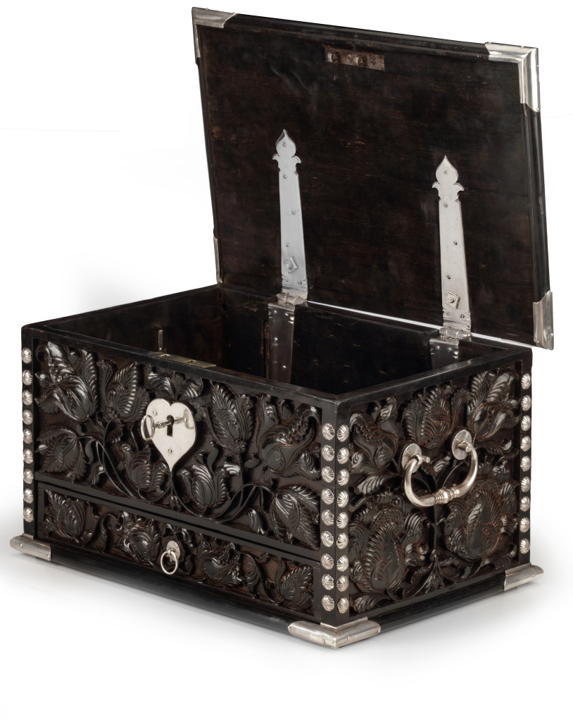 A large Dutch-colonial ebony money box with silver mounts