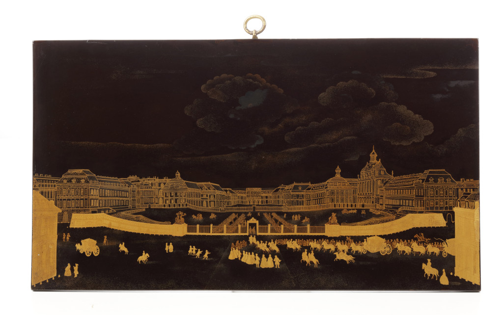 A Japanese export lacquer plaque depicting the Palace of Versailles attributed to the Sasaya Workshop