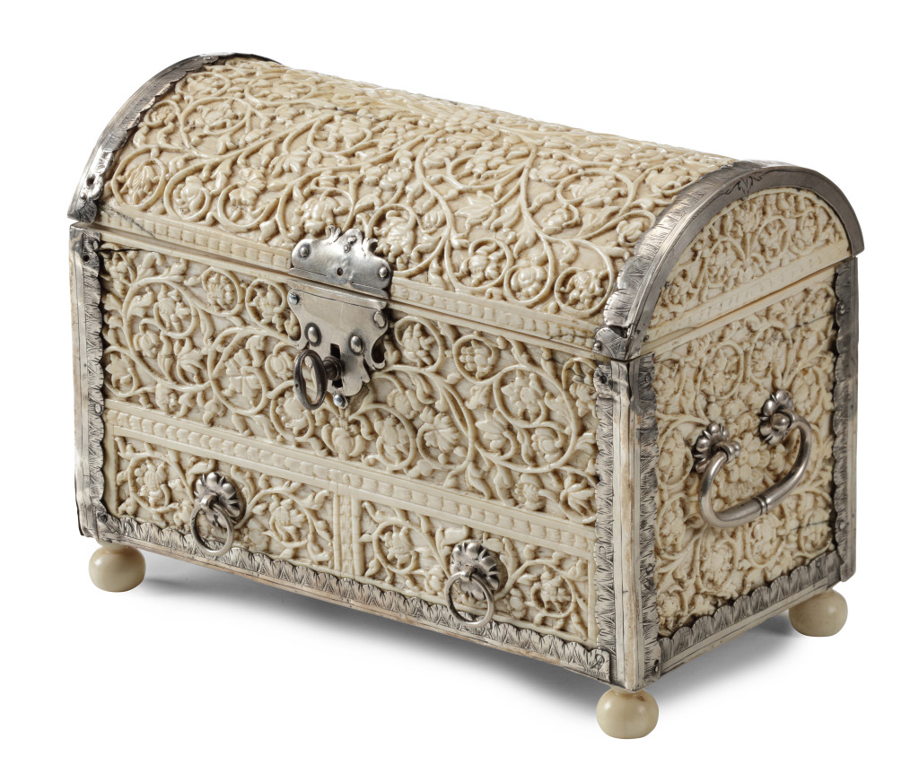 A Dutch-colonial Sinhalese ivory casket with silver mounts and a