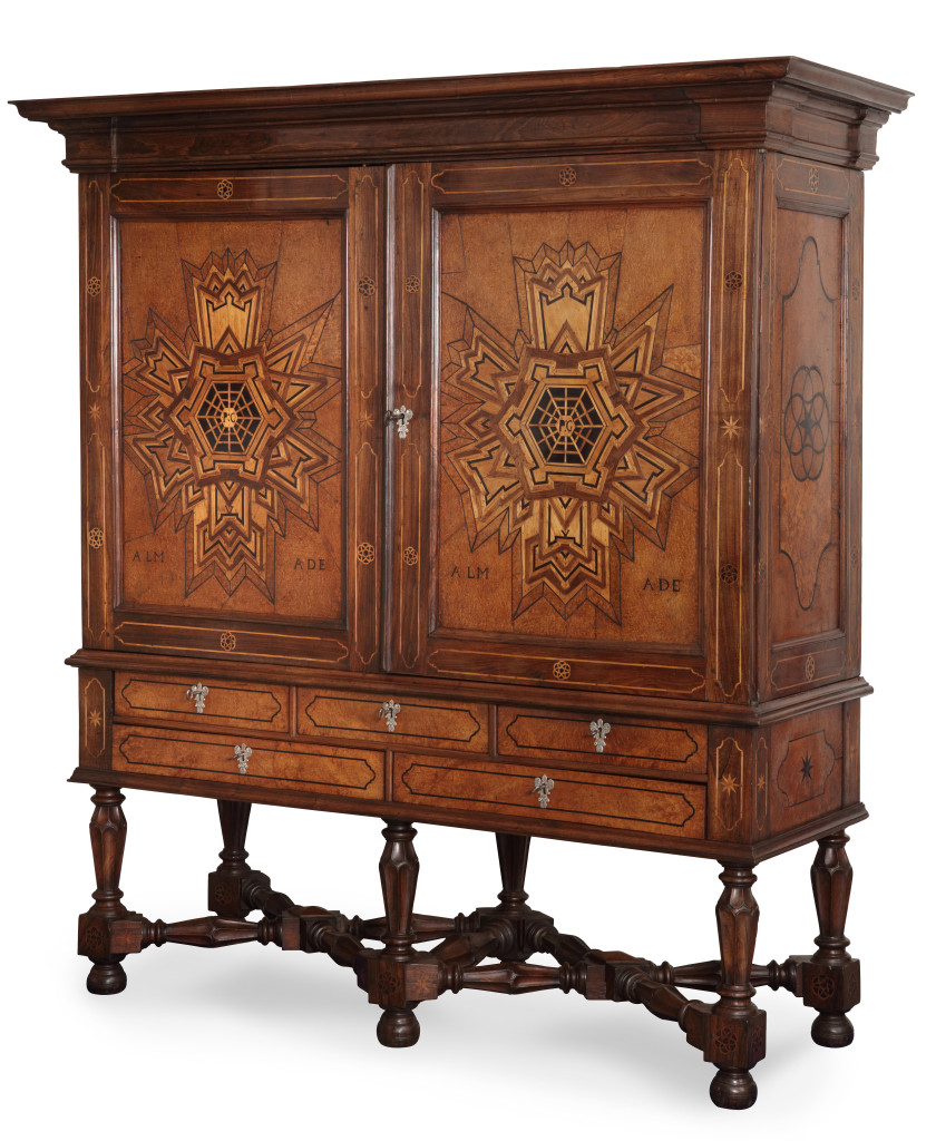 A Dutch-colonial cabinet on stand with marquetry depiction of Fort Almada in Portugal