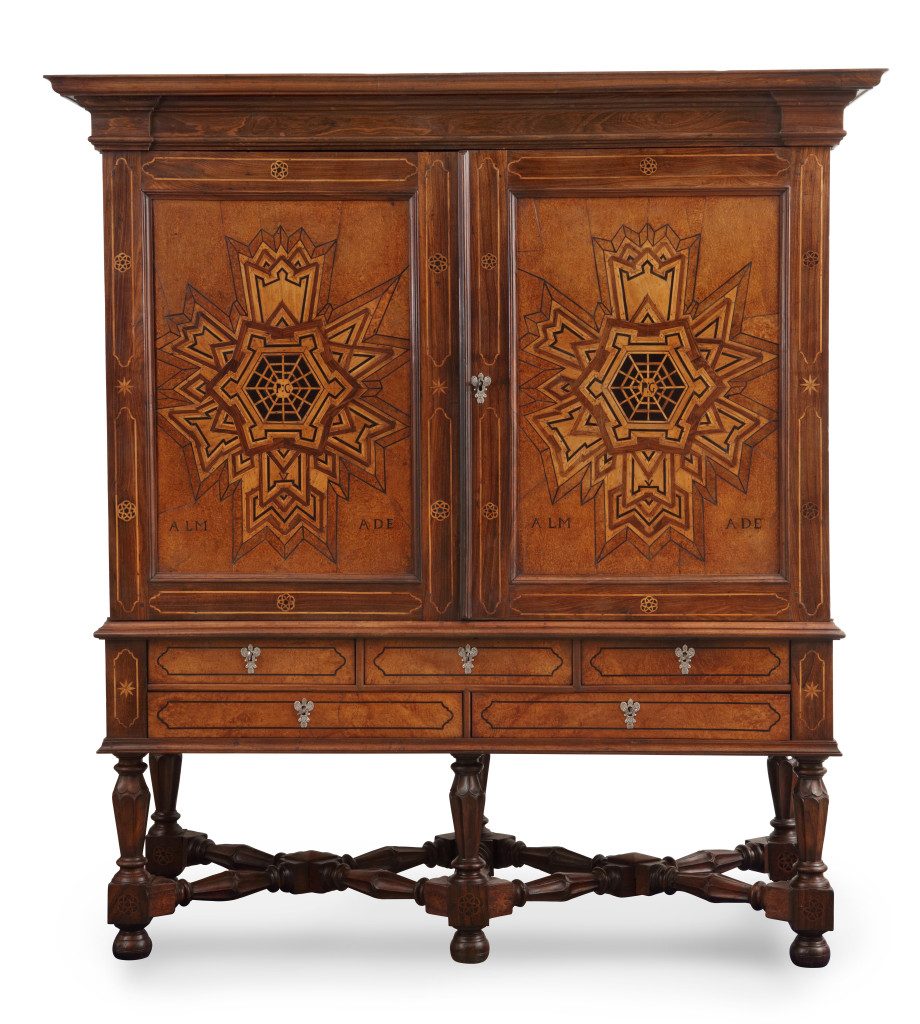 A Dutch-colonial cabinet on stand with marquetry depiction of Fort Almada in Portugal