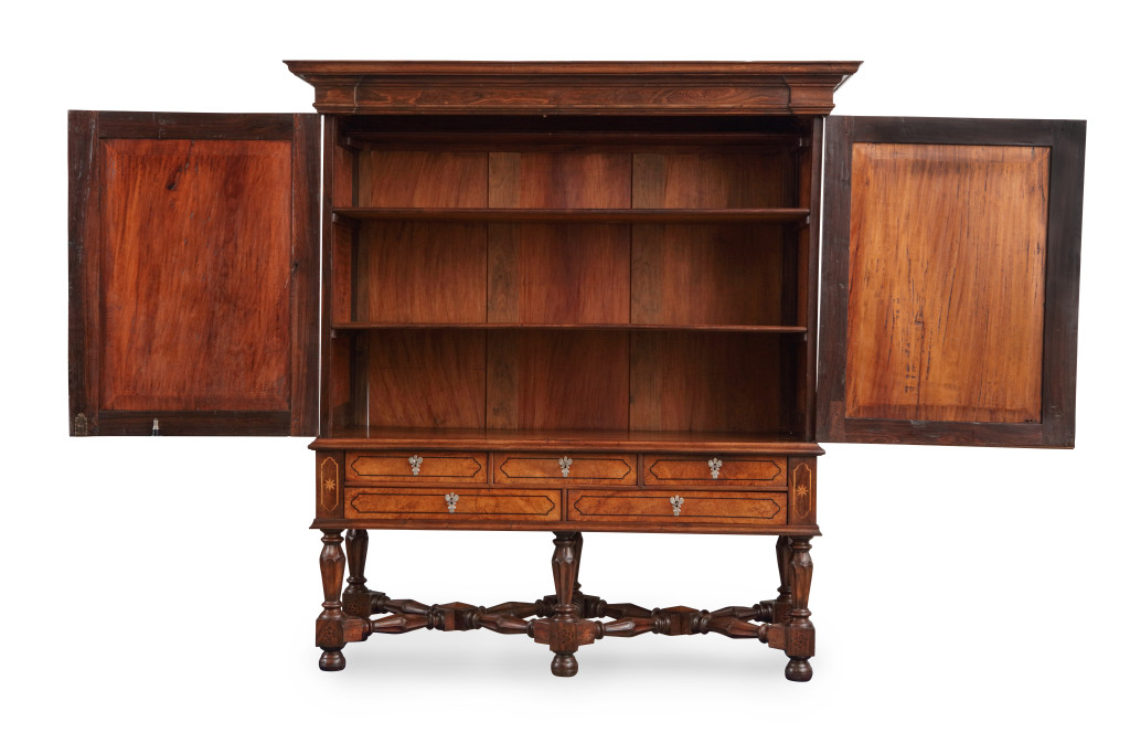 A Dutch-colonial cabinet on stand with marquetry depiction of Fort Almada in Portugal