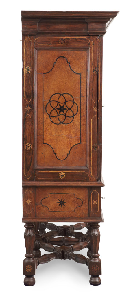 A Dutch-colonial cabinet on stand with marquetry depiction of Fort Almada in Portugal
