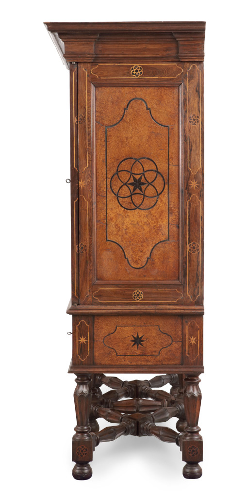 A Dutch-colonial cabinet on stand with marquetry depiction of Fort Almada in Portugal