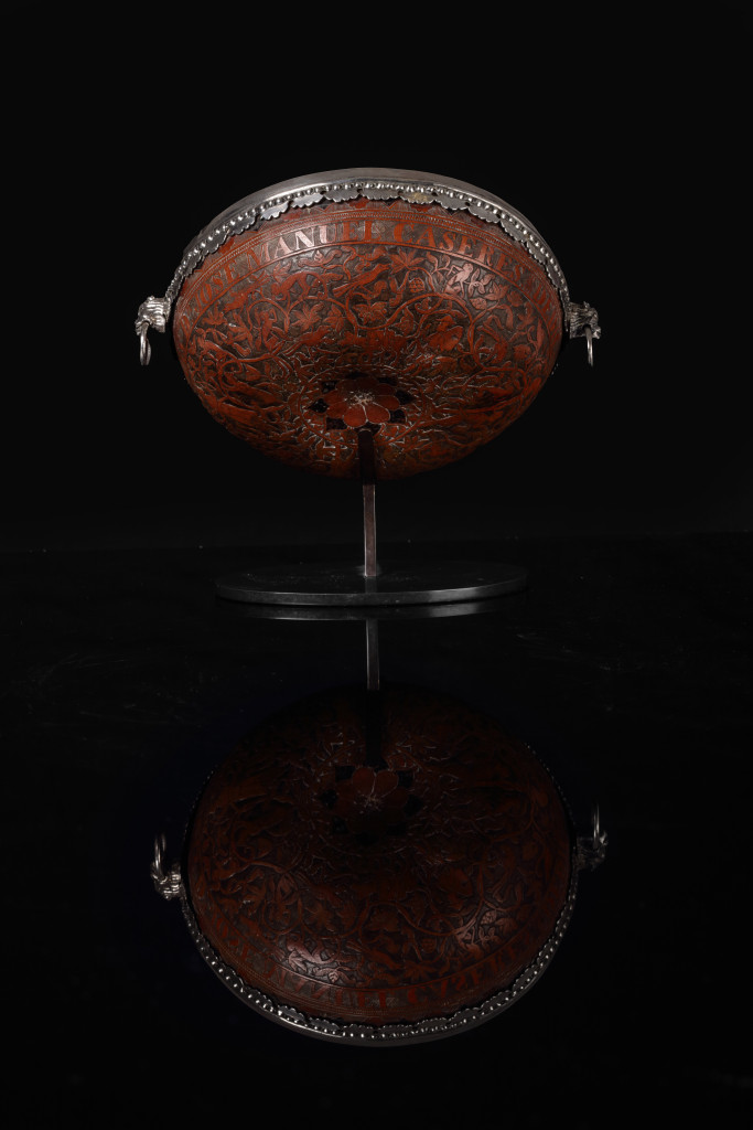 A Peruvian silver-mounted engraved 'mate burilano' gourd bowl