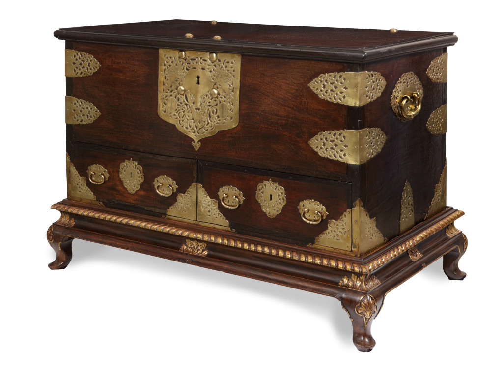 A large Dutch-colonial padouk wood 'VOC' chest on a stand