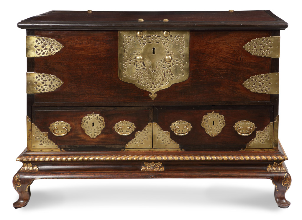A large Dutch-colonial padouk wood 'VOC' chest on a stand