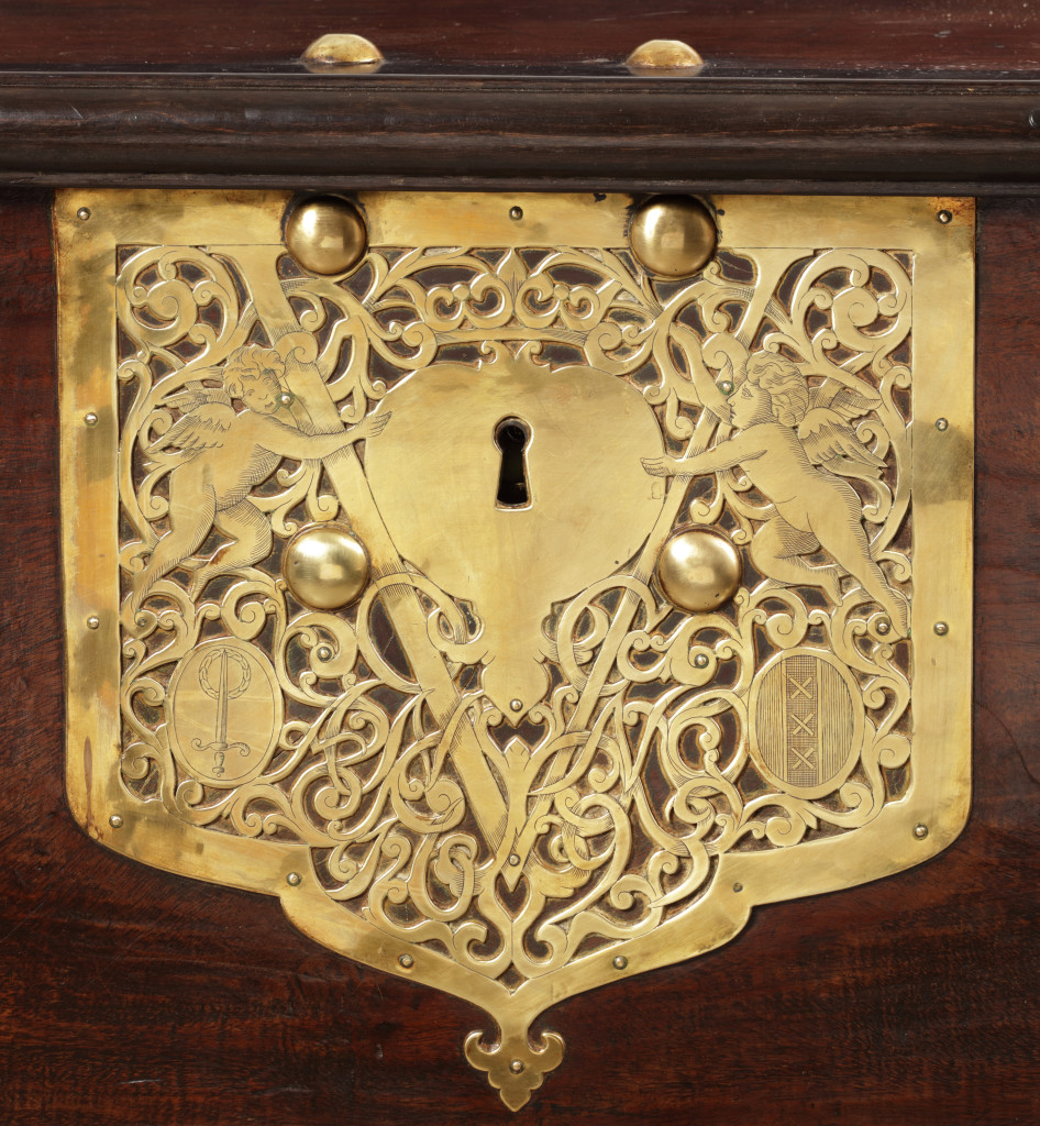 A large Dutch-colonial padouk wood 'VOC' chest on a stand