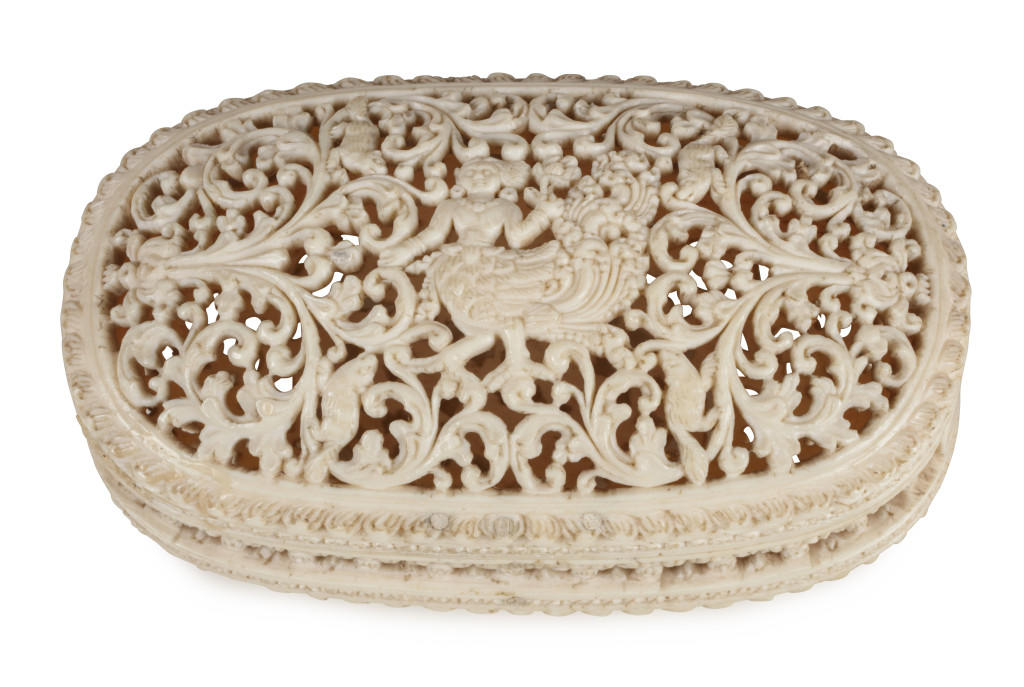 A Sinhalese oval openwork ivory box