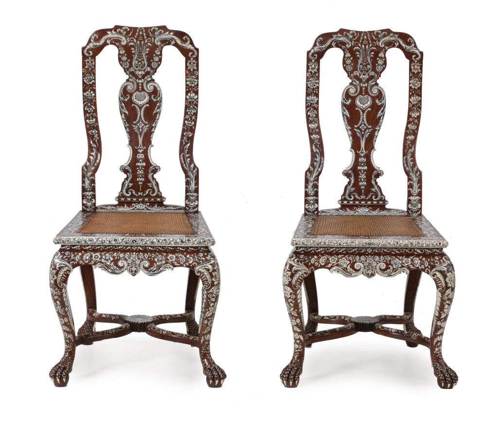 A pair of Anglo-Indian 'Vizagapatam' pen-engraved bone-inlaid padouk side chairs
