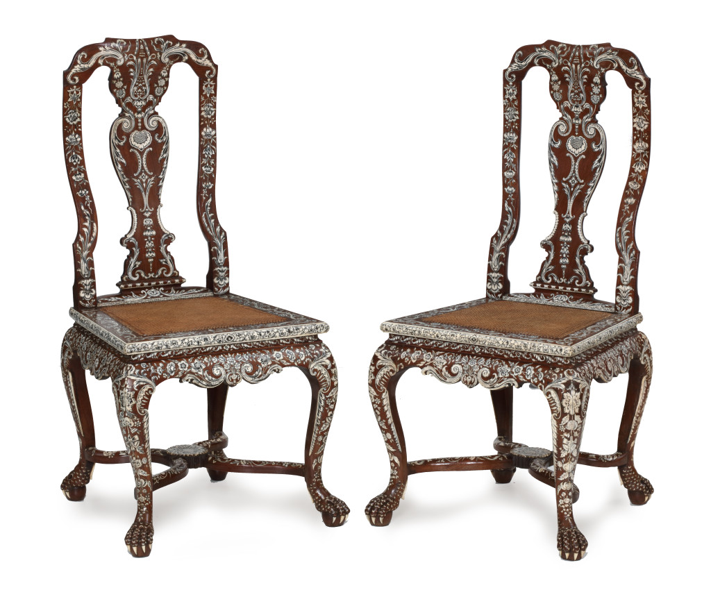 A pair of Anglo-Indian 'Vizagapatam' pen-engraved bone-inlaid padouk side chairs