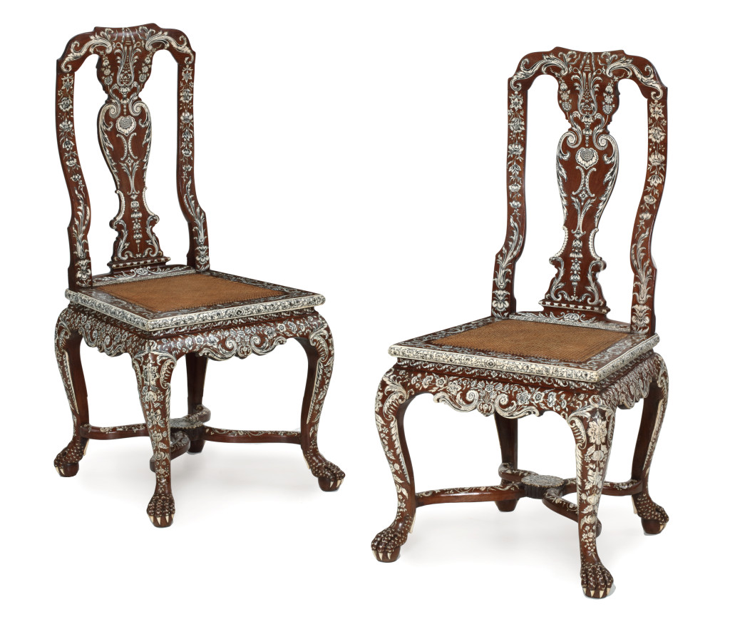 A pair of Anglo-Indian 'Vizagapatam' pen-engraved bone-inlaid padouk side chairs