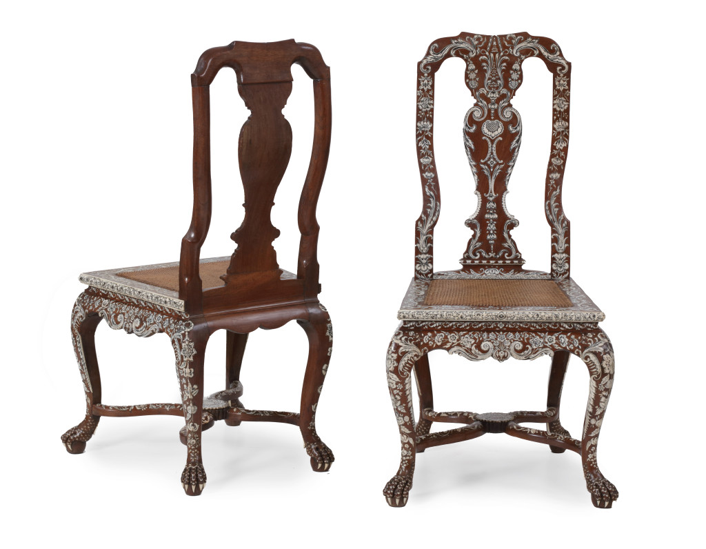 A pair of Anglo-Indian 'Vizagapatam' pen-engraved bone-inlaid padouk side chairs