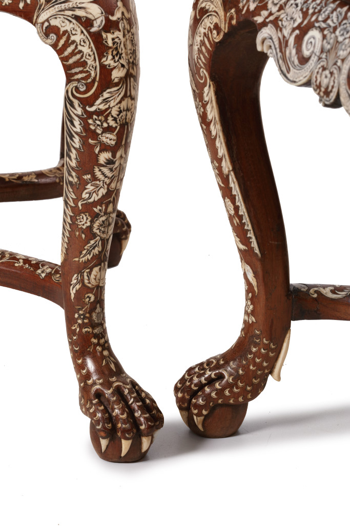 A pair of Anglo-Indian 'Vizagapatam' pen-engraved bone-inlaid padouk side chairs