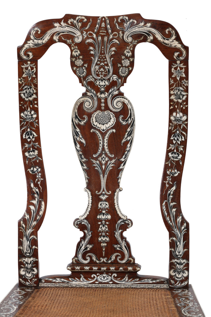 A pair of Anglo-Indian 'Vizagapatam' pen-engraved bone-inlaid padouk side chairs