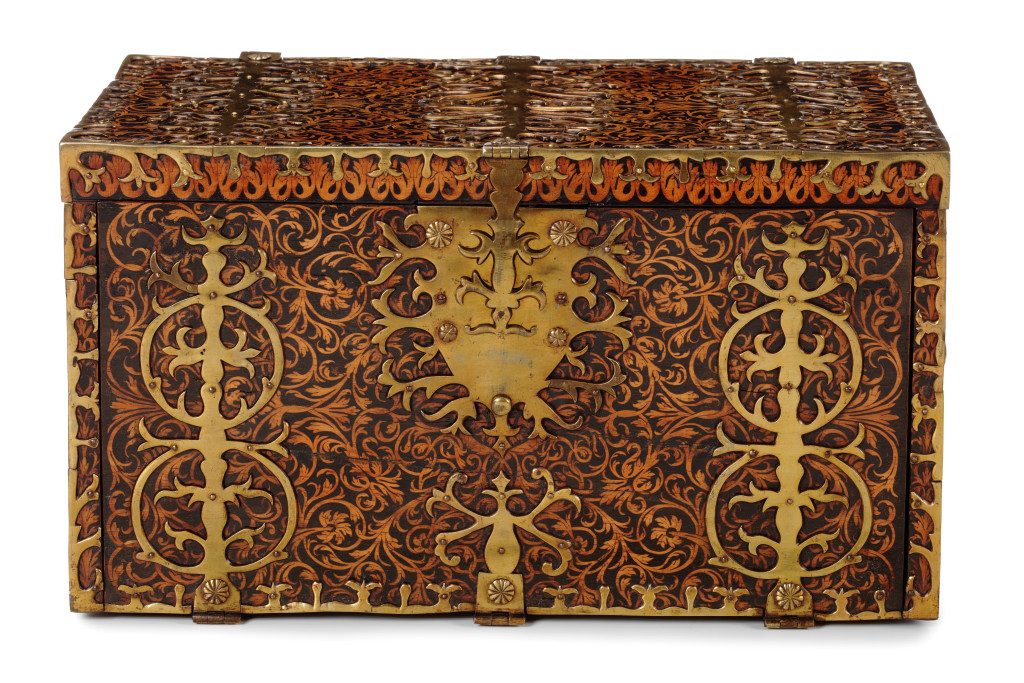 A seaweed marquetry veneered strongbox or 'captain's chest' by Royal Cabinetmaker Gerrit Jensen (1635-1715)