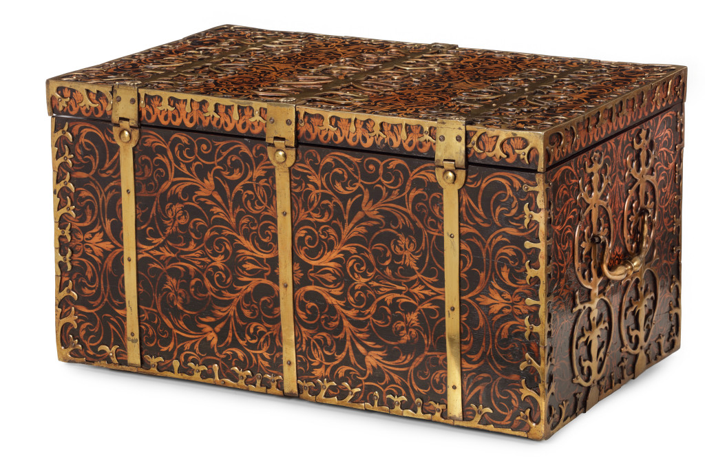 A seaweed marquetry veneered strongbox or 'captain's chest' by Royal Cabinetmaker Gerrit Jensen (1635-1715)