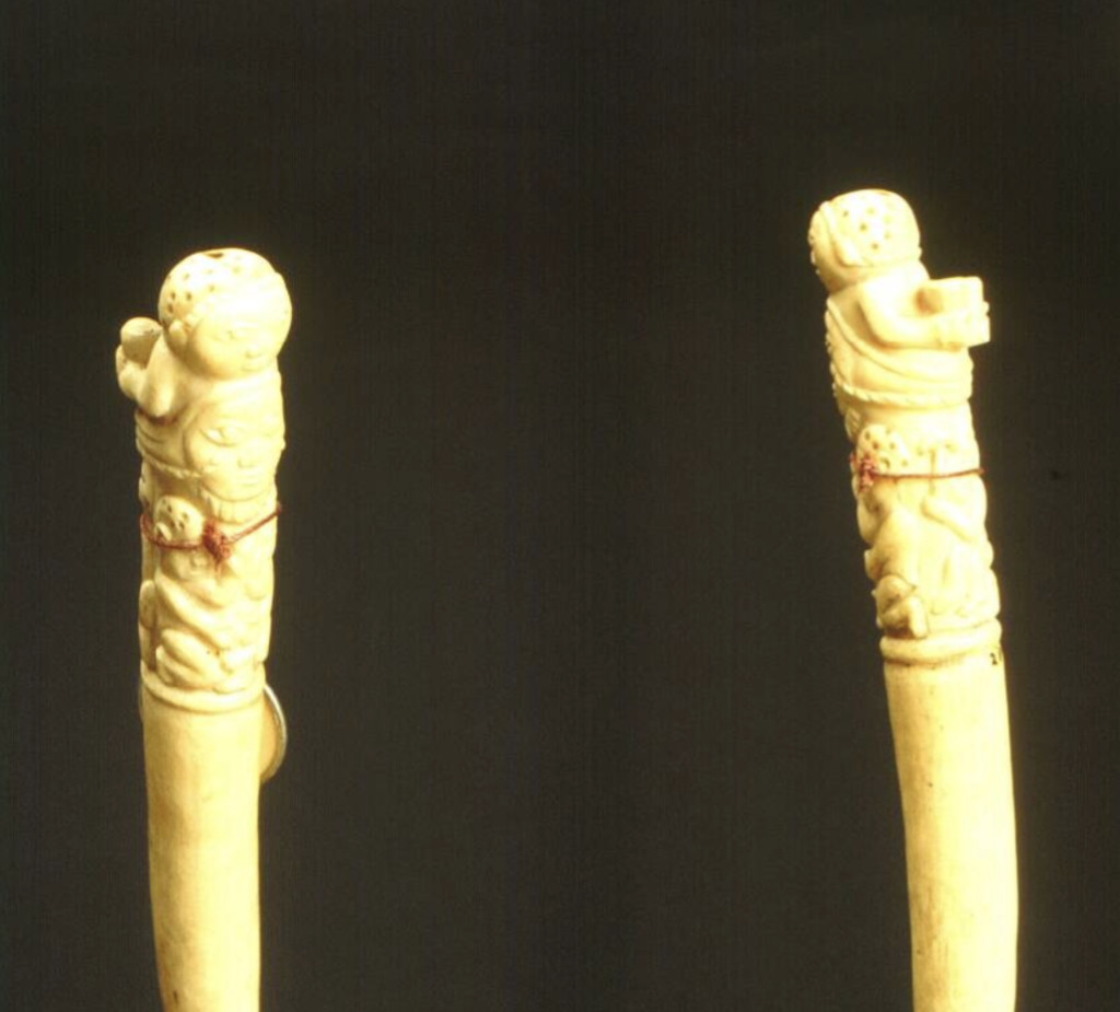 Portuguese-colonial Angolan Ivory carved Sedan Chair hand Supports, marked ***A ***R Diaz