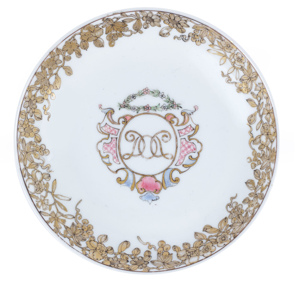 A rare Chinese export porcelain famille rose ‘Danish East-India Trading Company’ saucer
