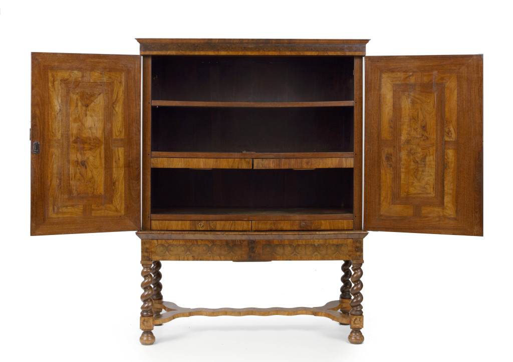 A highly refined Dutch oyster veneered olive wood cabinet on stand