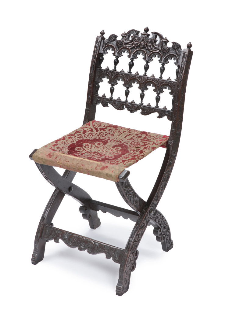 A small Dutch oak folding ‘kerkstoeltje’ or church chair with velvet upholstery