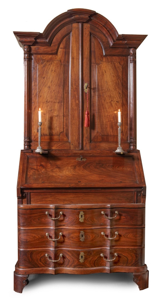 An exceptional Dutch-colonial Indonesian Javanese rosewood bureau- cabinet with brass mounts