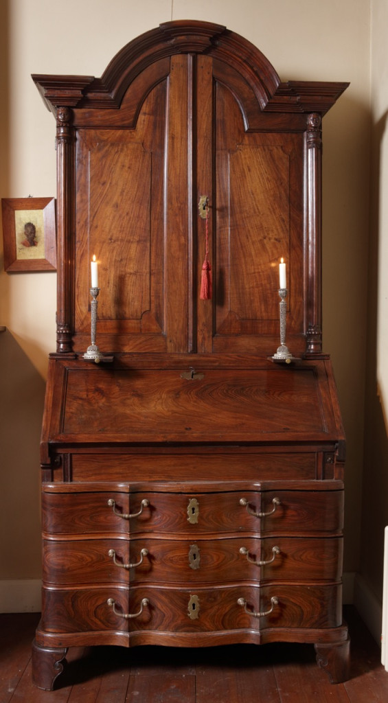 An exceptional Dutch-colonial Indonesian Javanese rosewood bureau- cabinet with brass mounts