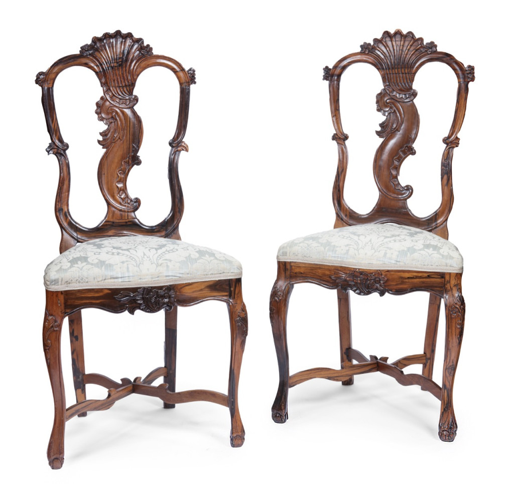 A pair of Sri Lankan Rococo coromandel wood side chairs