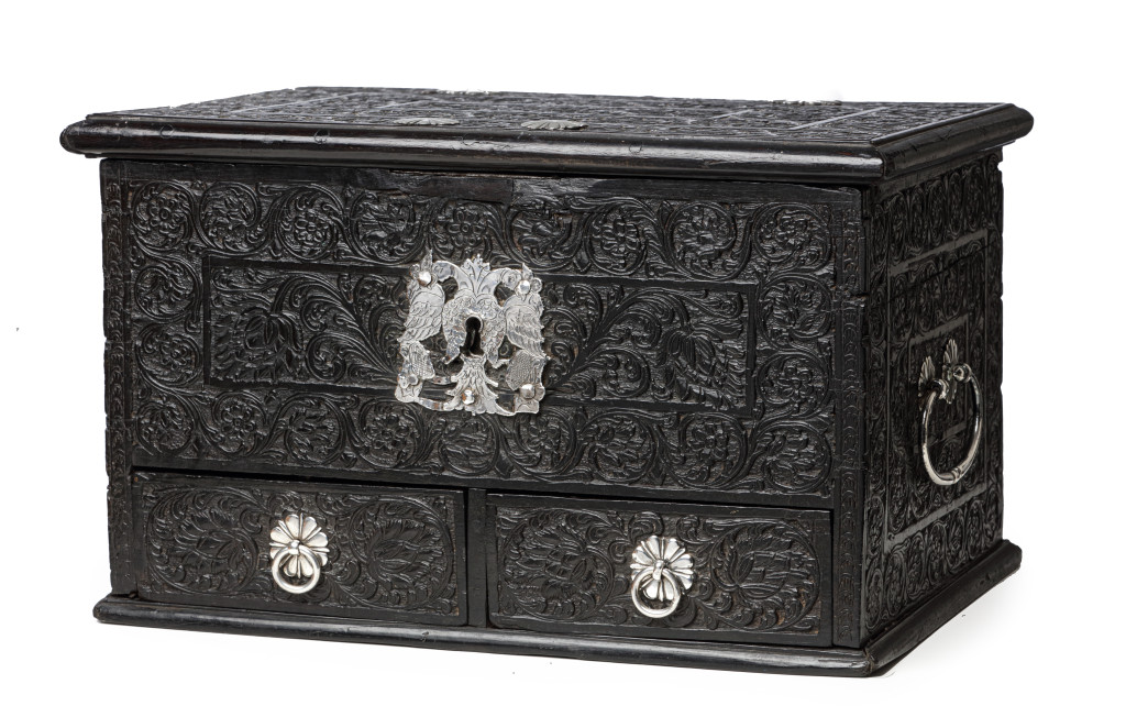 A Dutch-colonial Indian carved ebony box with silver mounts