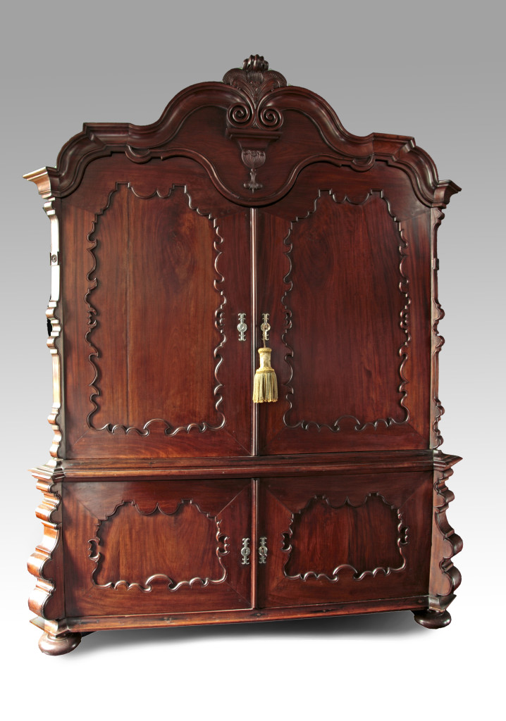 An extremely rare and important Dutch colonial Cuban Mahogany Curaçao cabinet with silver mounts