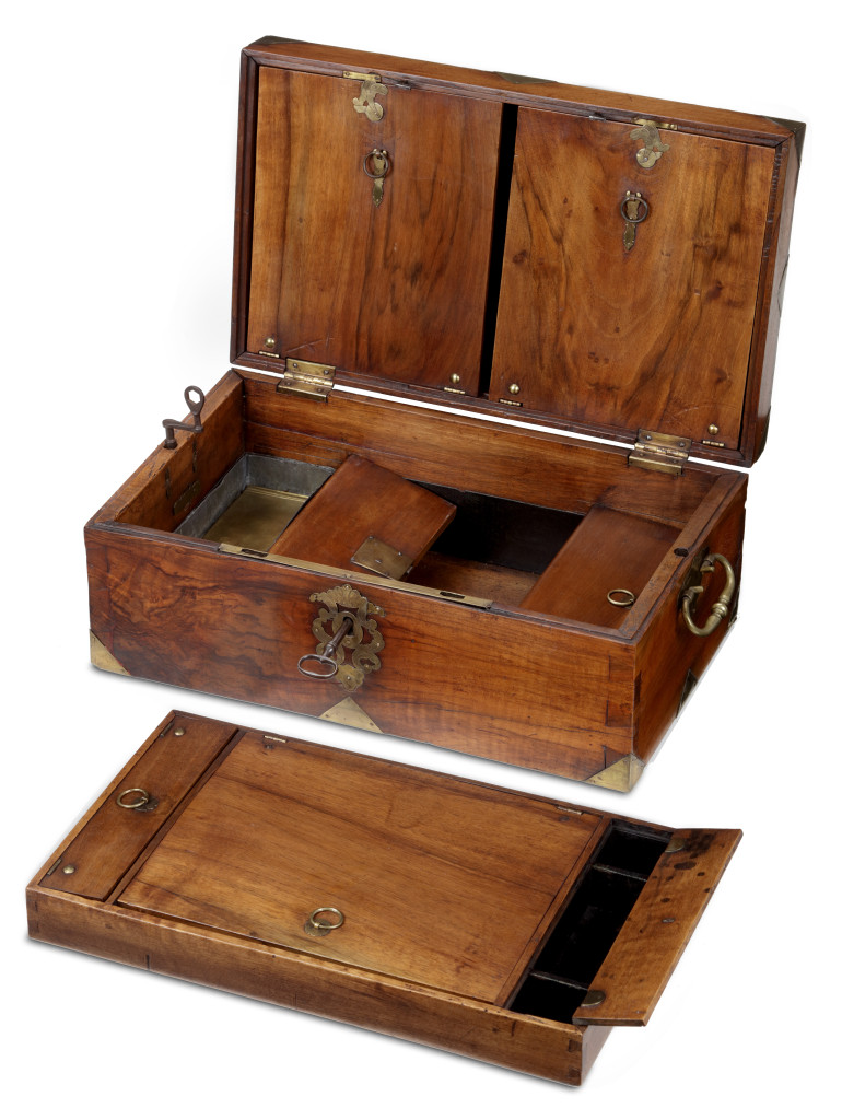 A Dutch walnut writing box with brass mounts