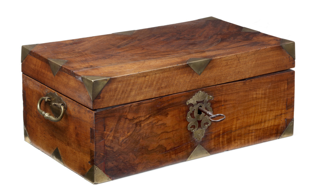 A Dutch walnut writing box with brass mounts