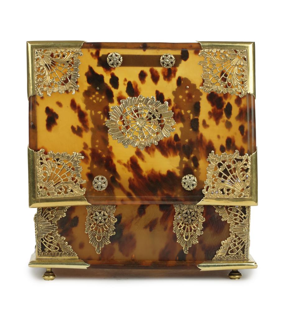 An Indonesian tortoiseshell betel or sirih box with gold mounts