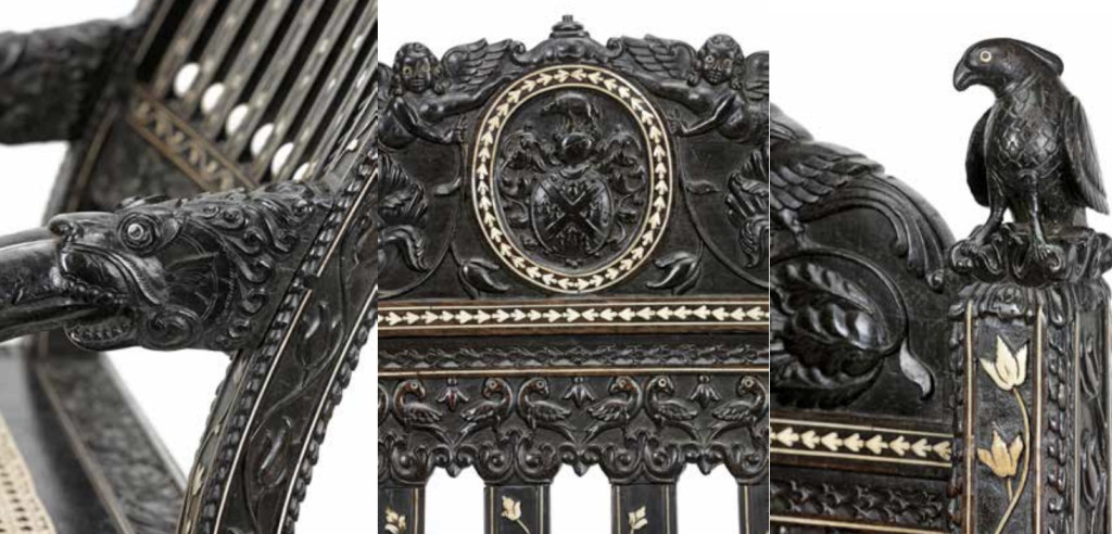 An extremely important ivory-inlaid ebony armchair