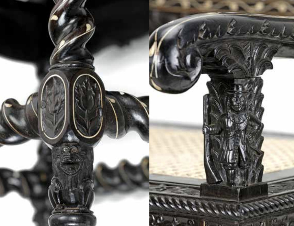 An extremely important ivory-inlaid ebony armchair