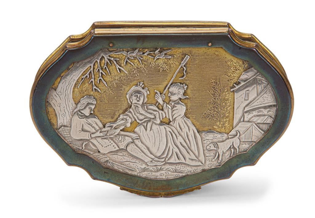 A ruyi-shaped Shakudo-style erotic tobacco or snuff box, relief-decorated with silvered applied figures
