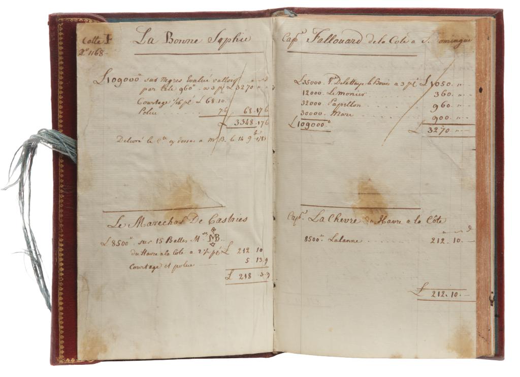 A luxurious ‘private notebook’ manuscript ledger containing detailed accounts of the voyages of five ships with enslaved Africans...