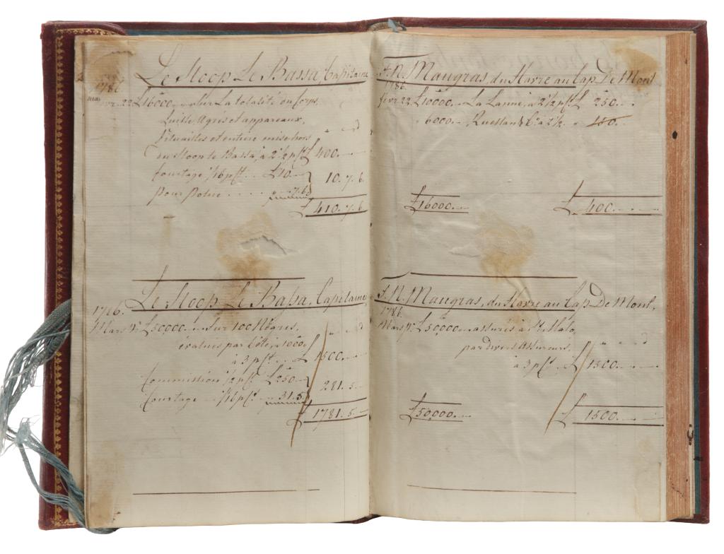 A luxurious ‘private notebook’ manuscript ledger containing detailed accounts of the voyages of five ships with enslaved Africans...