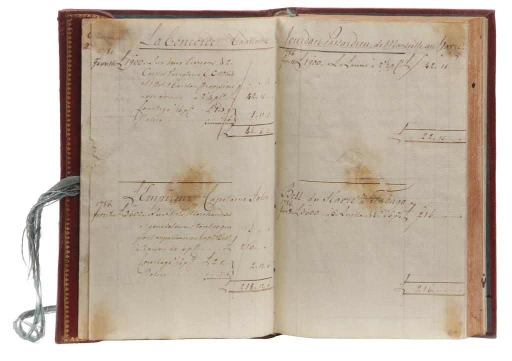 A luxurious ‘private notebook’ manuscript ledger containing detailed accounts of the voyages of five ships with enslaved Africans...