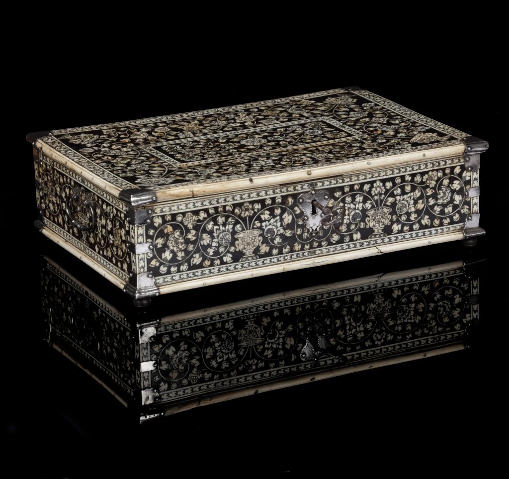 An Indian colonial 'Vizagapatam' bone-inlaid ebony document box with silver mounts