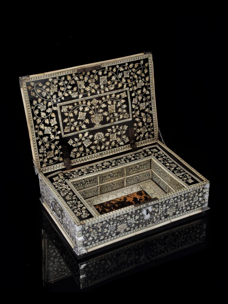 An Indian colonial 'Vizagapatam' bone-inlaid ebony document box with silver mounts