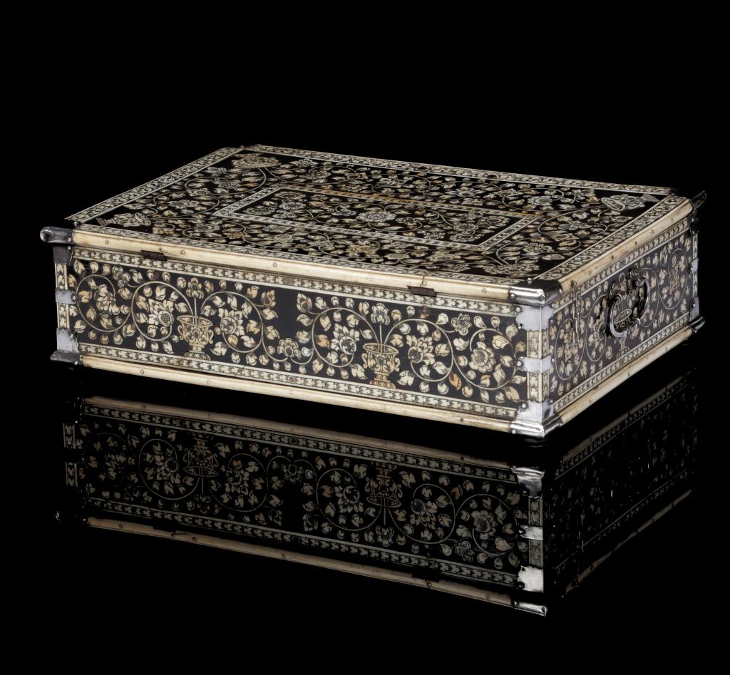 An Indian colonial 'Vizagapatam' bone-inlaid ebony document box with silver mounts
