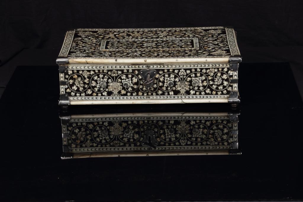 An Indian colonial 'Vizagapatam' bone-inlaid ebony document box with silver mounts