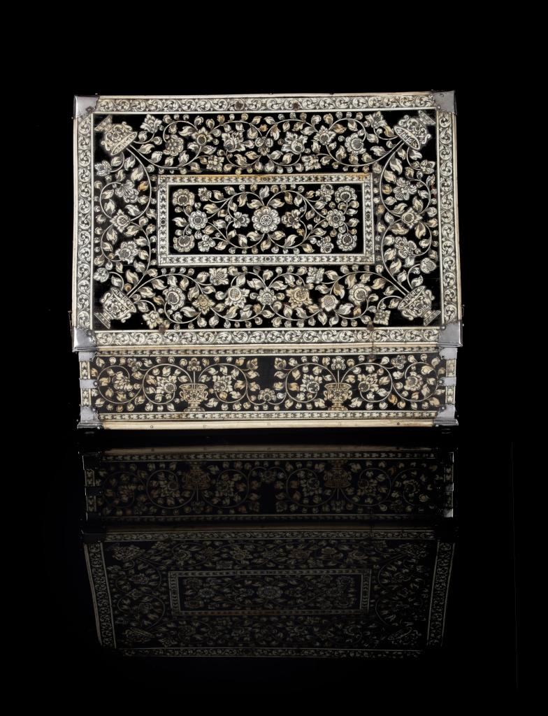 An Indian colonial 'Vizagapatam' bone-inlaid ebony document box with silver mounts