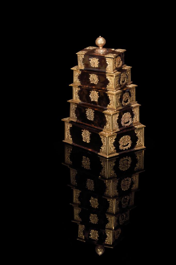 A pyramid of five Dutch-colonial turtleshell sirih caskets with gold mounts