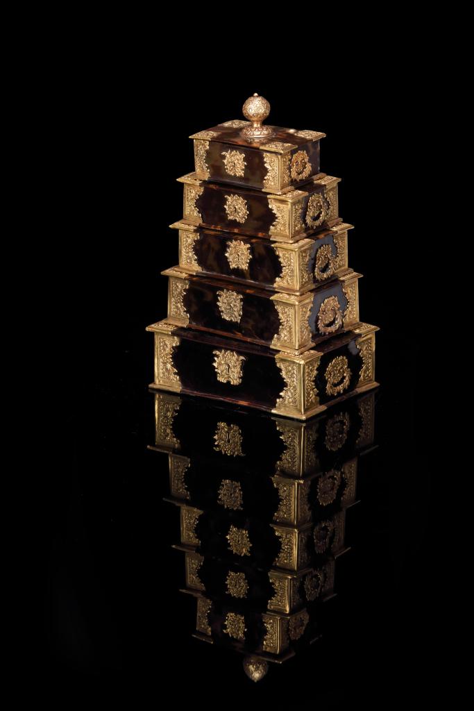 A pyramid of five Dutch-colonial turtleshell sirih caskets with gold mounts