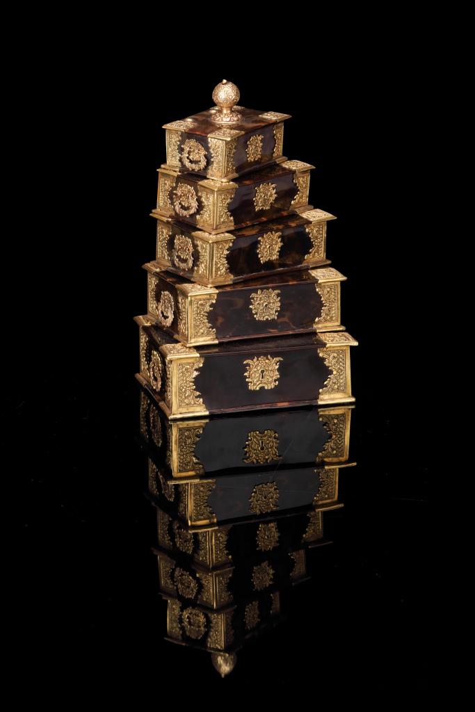 A pyramid of five Dutch-colonial turtleshell sirih caskets with gold mounts