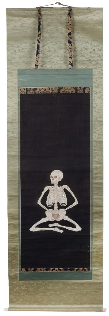A Japanese hanging scroll painting of a meditating skeleton