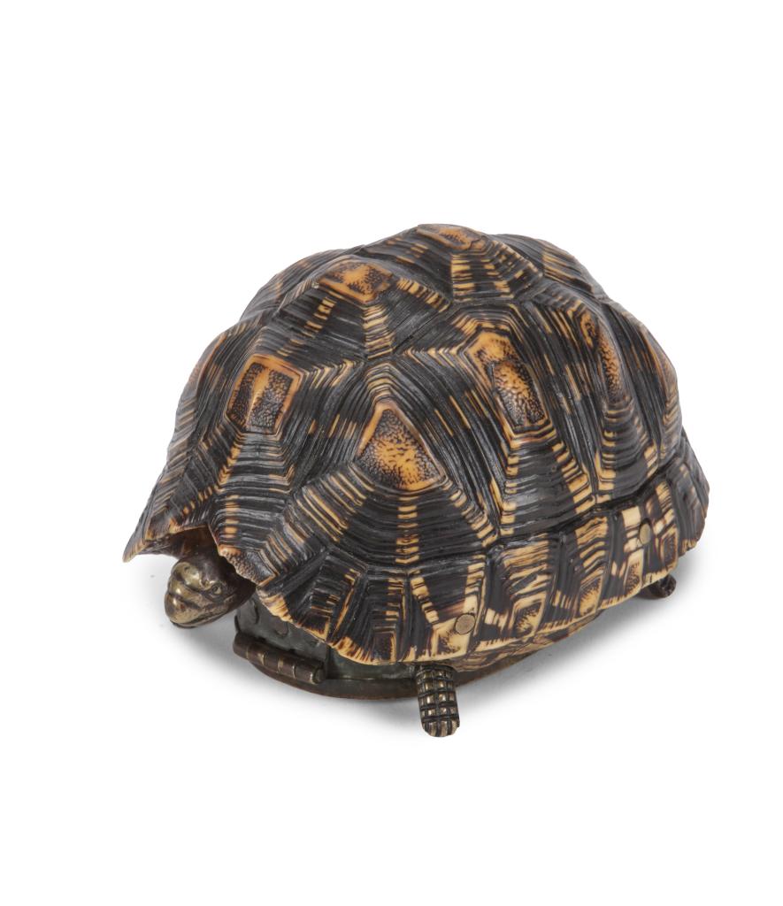 A Dutch engraved brass snuff box in the form of a tortoise