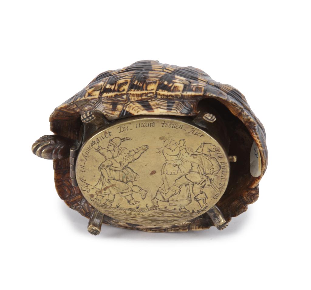 A Dutch engraved brass snuff box in the form of a tortoise